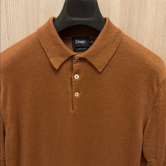 Drake's - Brown Knitted Linen-Cotton Short-Sleeve Polo Shirt - Size M - Picture 3 of 9